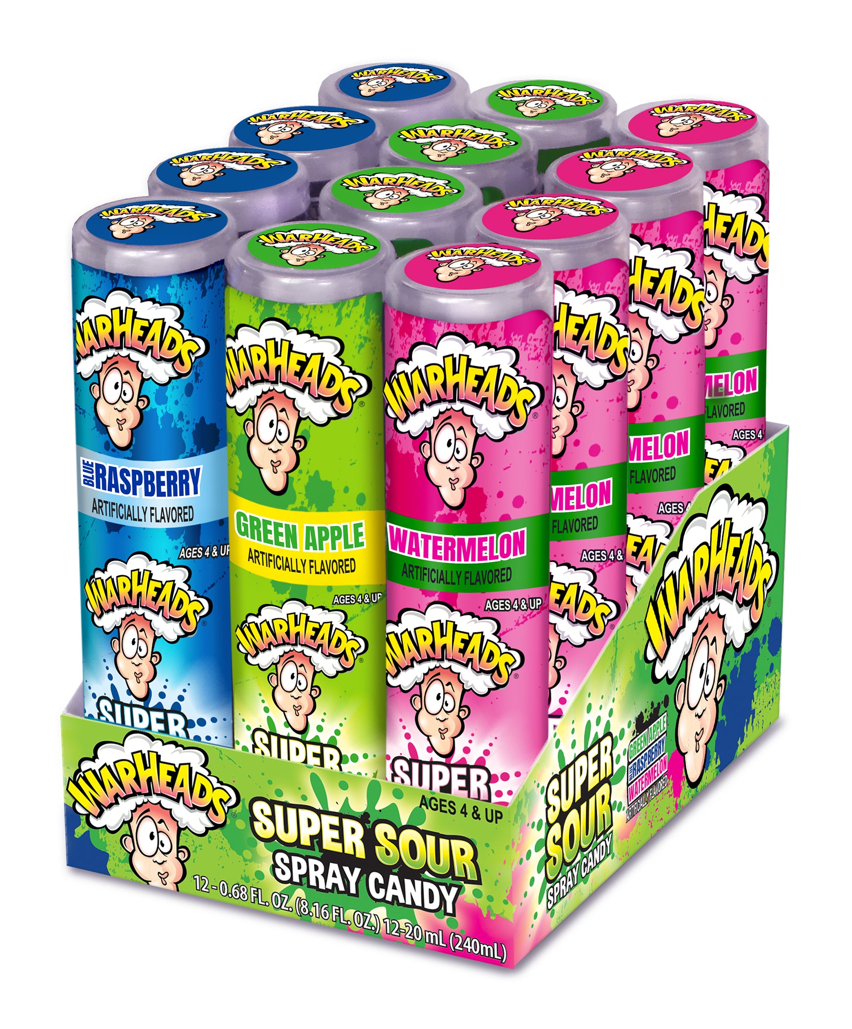 Warheads Upright Box Spray Bl Ras, Watermelon, Apple 24/12ct 0.68oz