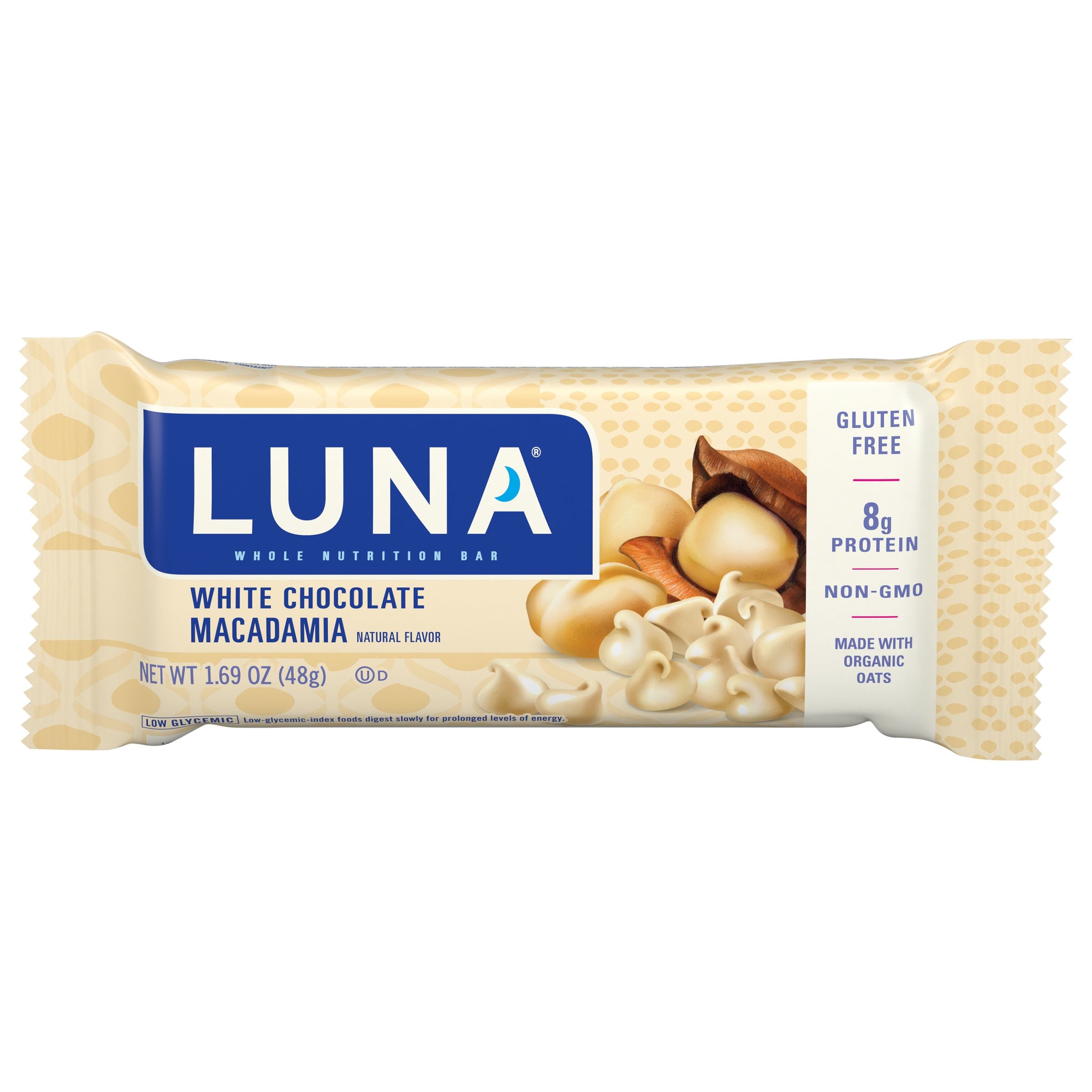 LUNA WHITE CHOCOLATE MACADAMIA GLUTEN FREE NON GMO NUTRITION BAR 1.69 OZ 16 x 15