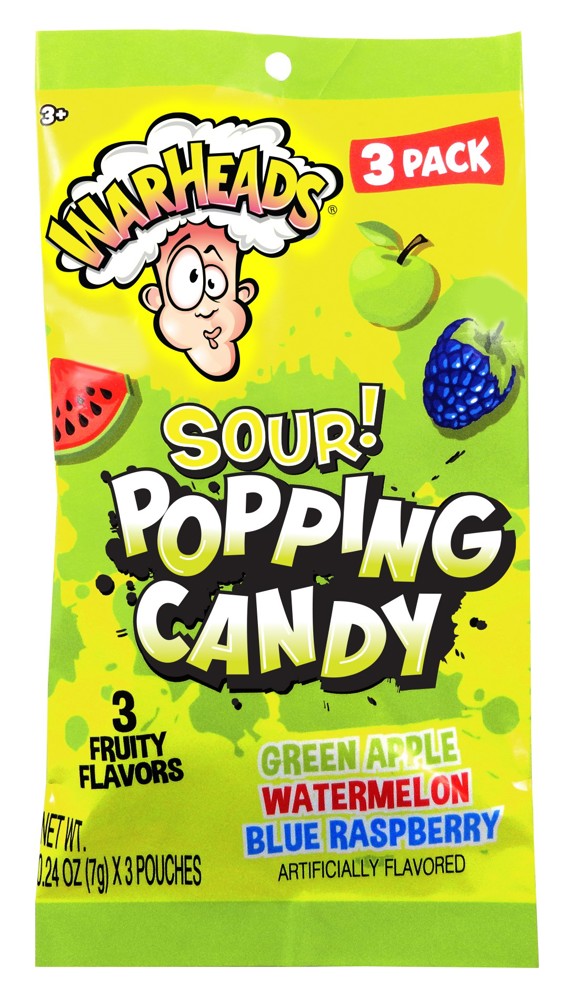 WarHeads Sour 3Pk. Popping Candy Peg .74oz. 6/12ct  (Watrmln,Bl Rasp,Grn Apple)