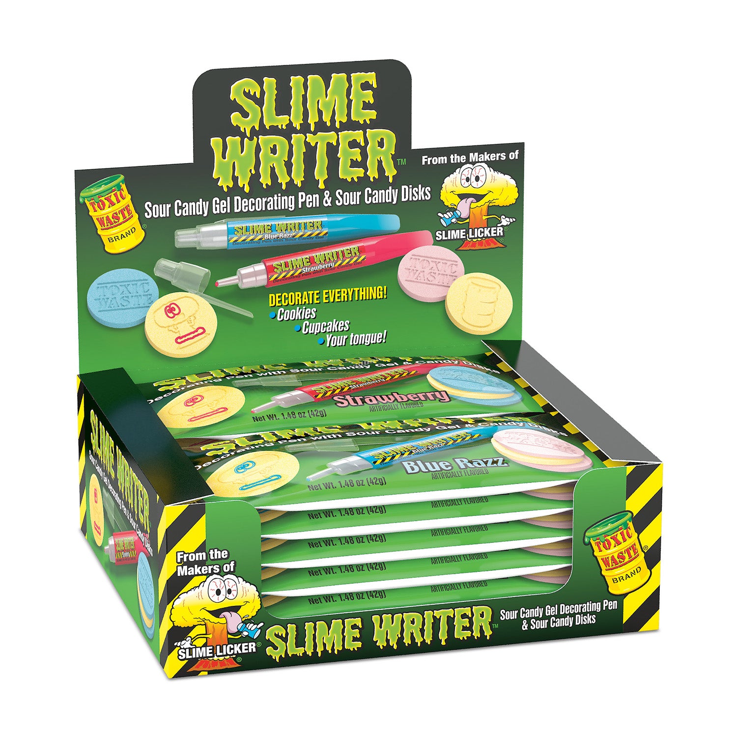 Toxic Waste Slime Writer Gel Decorating Pen & Sour Candy Disks B Razz & Strbry 1.48oz 8/12ct