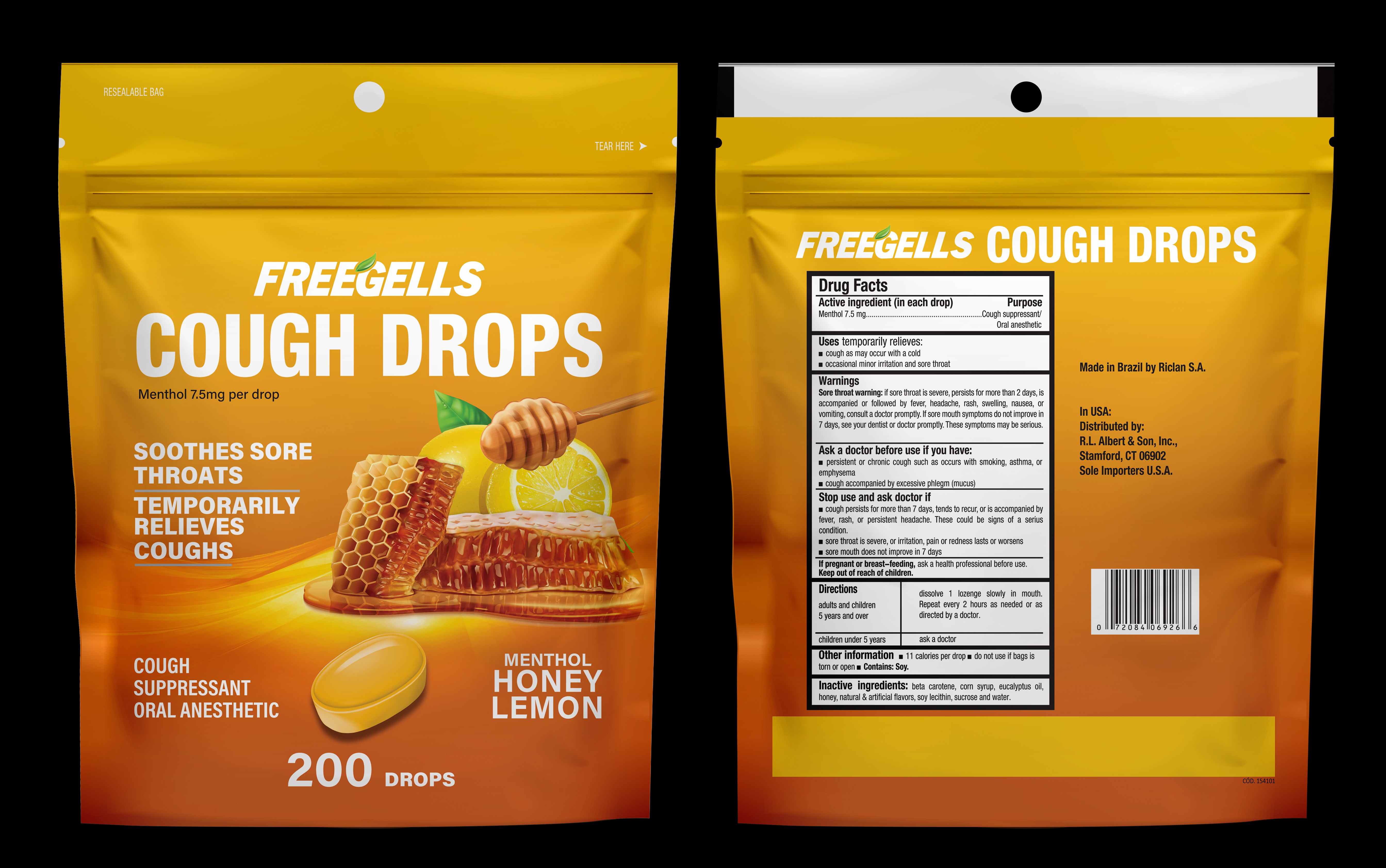 Alberts Freegells Cough Drops 200ct Honey Lemon 21.6oz 1/4ct