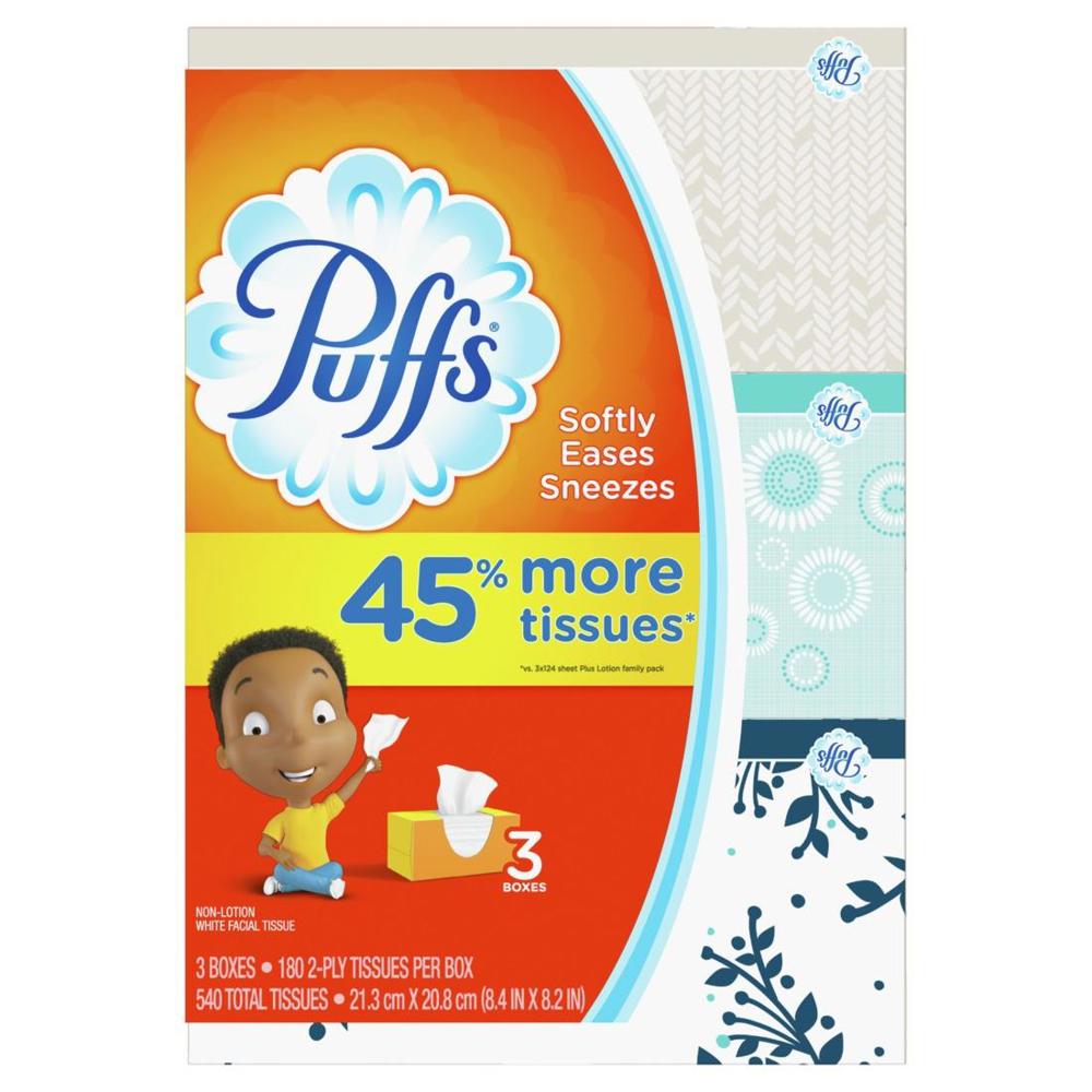 Puffs Basic Facial Tissue Family  3pk(180ea/bx)  1/8ct