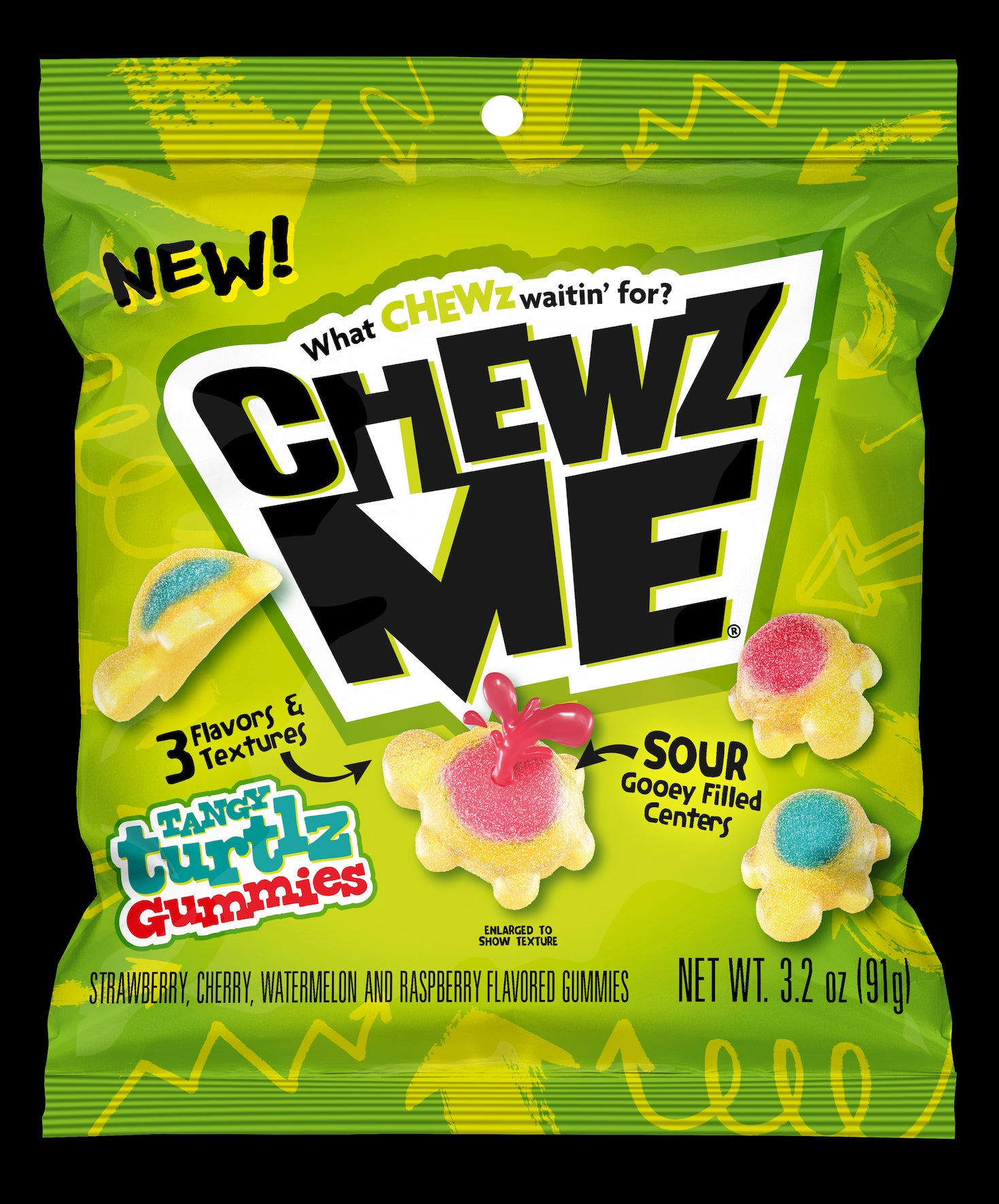 Colombina Chewz Me Sour Gummies Turtle Peg Bags 3.2oz 1/12ct