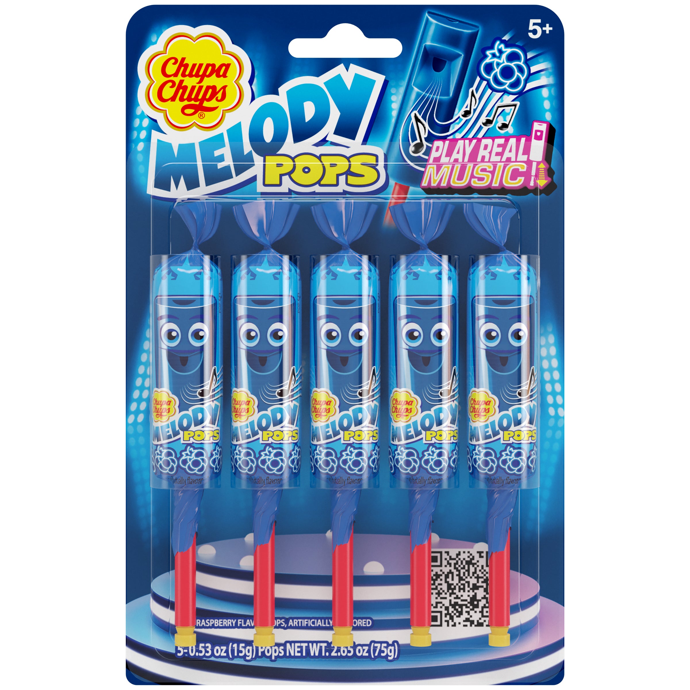 Chupa Chups Melody Pops 5pc Blister Pack Blue Rasp 1/12ct