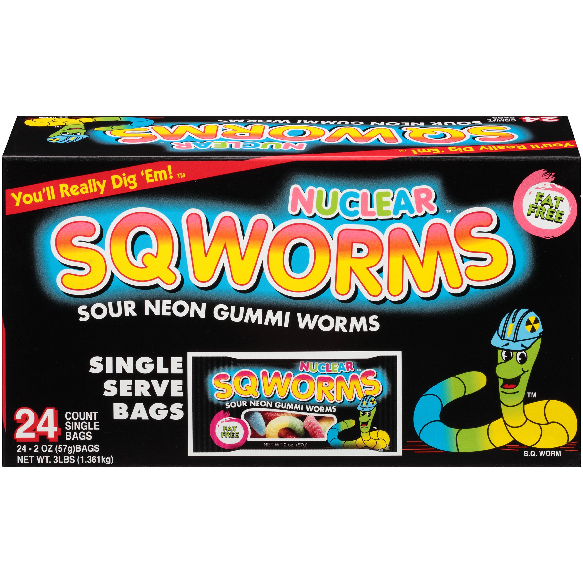 Promotion In Motion Single Serve Packs Nuclear Sqworms Sr Neon Gummi Worms 6/24ct 2oz