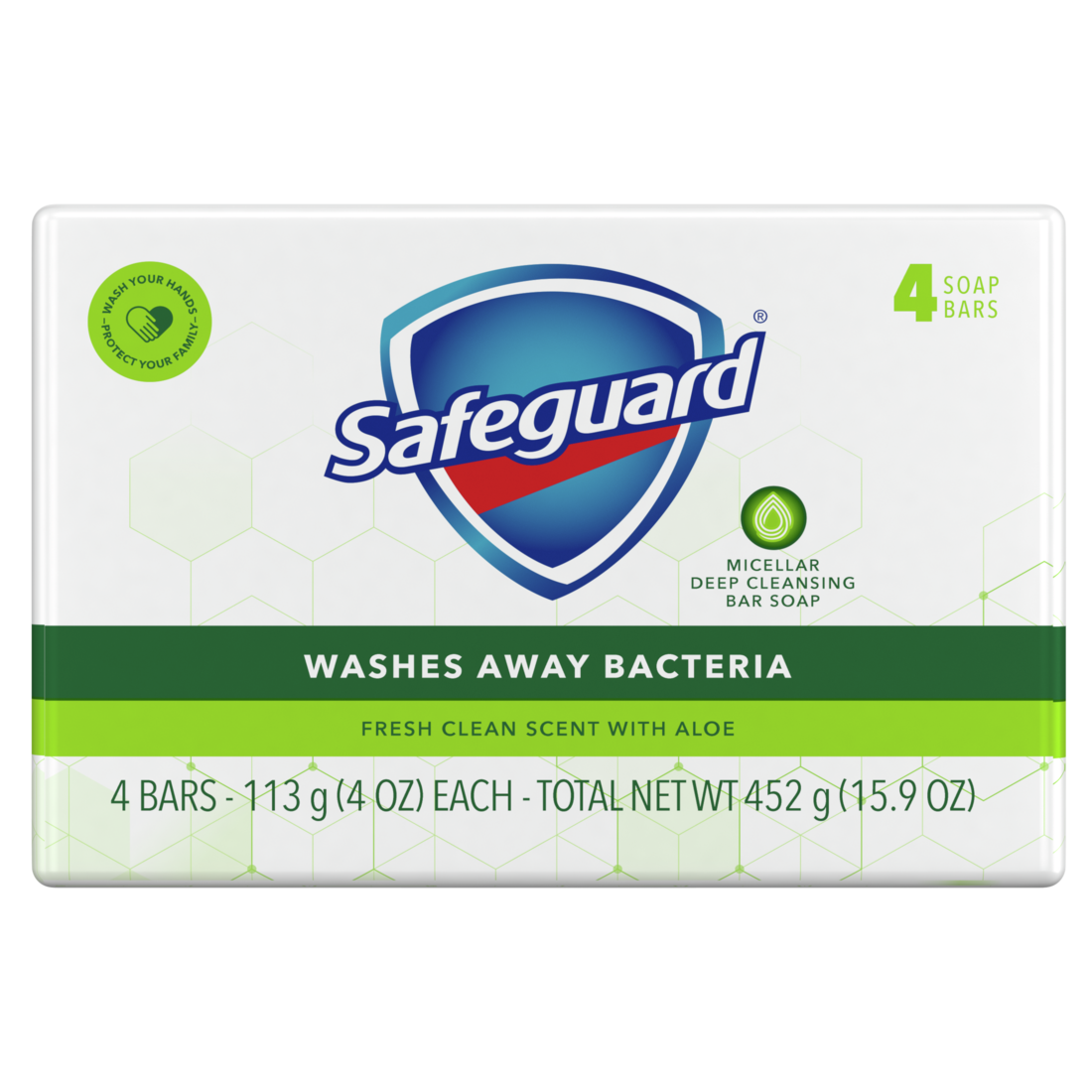 Safeguard Deodorant Bar Soap, White with Aloe 16oz(4-4oz) 1/12ct