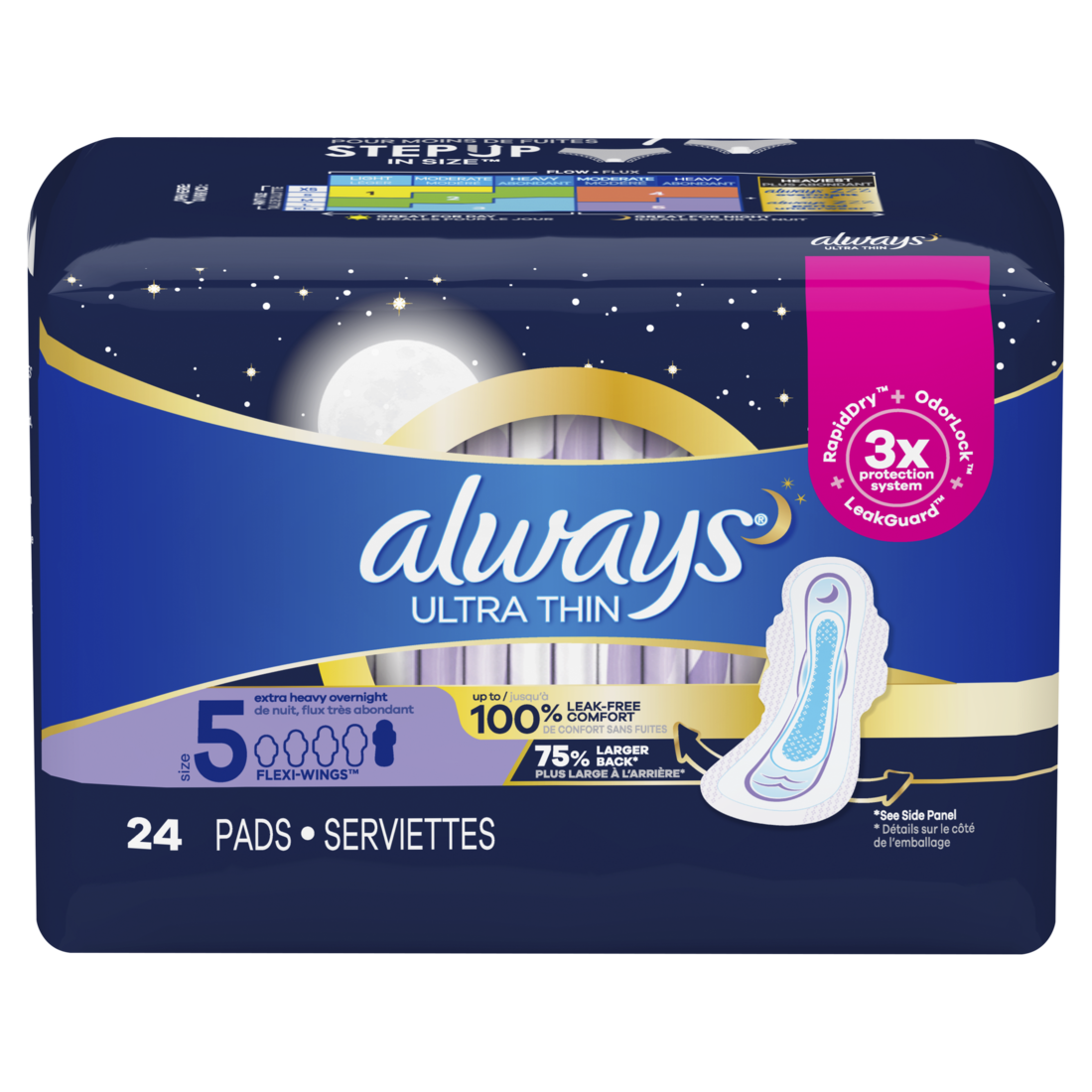 ALWAYS Ultra Thin Size 5 Extra Heavy Overnight Pads With Wings Unscented, 24 Count¬†