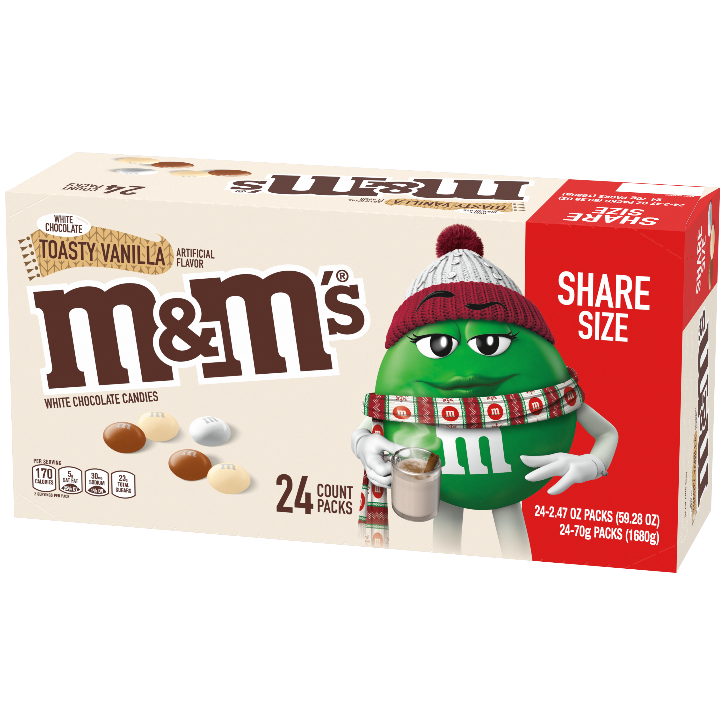 M&Ms White Chocolate Toasty Vanilla Holiday 2.47oz Share Size 144ct case- 24 Count/6 Cases